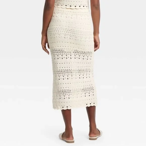 UT XLβCream Openwork Midi Sweater Crochet Knit Scalloped Drawstring Skirt - Picture 2 of 16